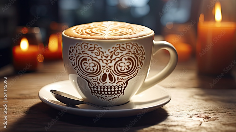 Poster a cup of coffee with a sugar skull design on it and a saucer with a spoon in front of a candle lit r