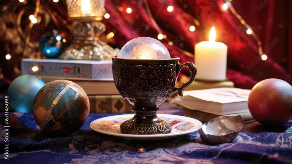 Poster a close up of a cup on a plate on a table with a lit candle in the background and a book on a tablec