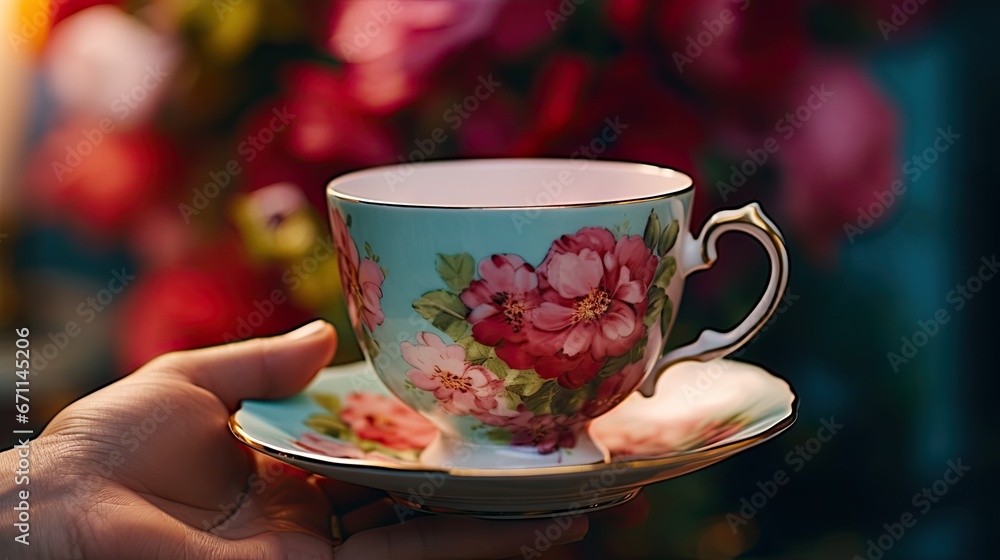 Poster a close up of a person holding a cup and saucer in front of a bunch of flowers on a table with a can