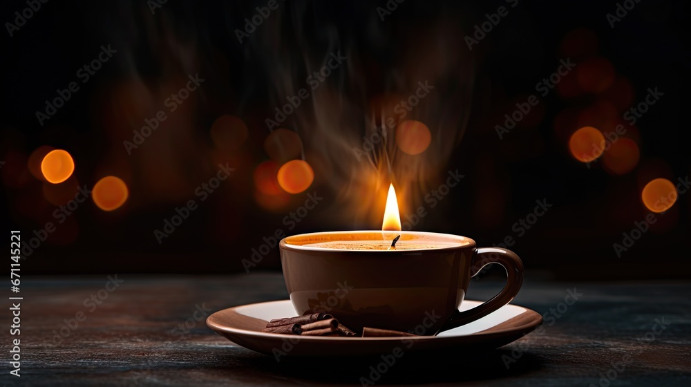 Poster a lit candle in a coffee cup on a saucer on a saucer with a saucer on a saucer on a table with a blu