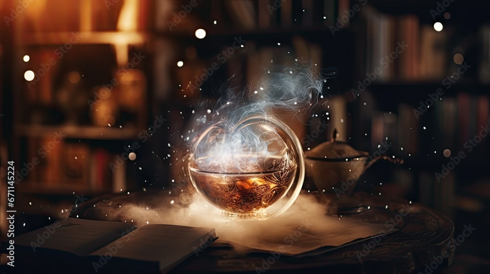 Poster a glass ball with steam rising out of it sitting on a table in front of a bookshelf with a book and 