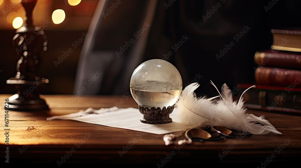 Poster a glass globe sitting on top of a wooden table next to a feather quill and a pair of scissors on top