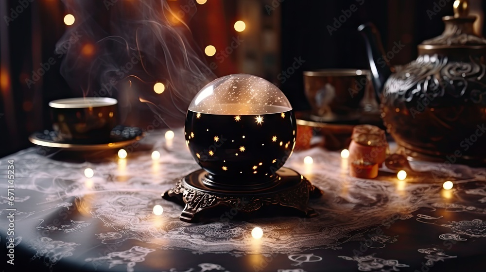 Aufkleber a table topped with a snow globe on top of a table covered in teacups and saucers next to a tea kett
