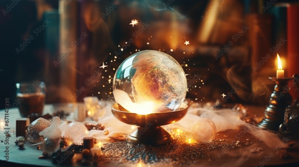 Poster a glass globe sitting on top of a table next to a candle and some other items on top of a table with