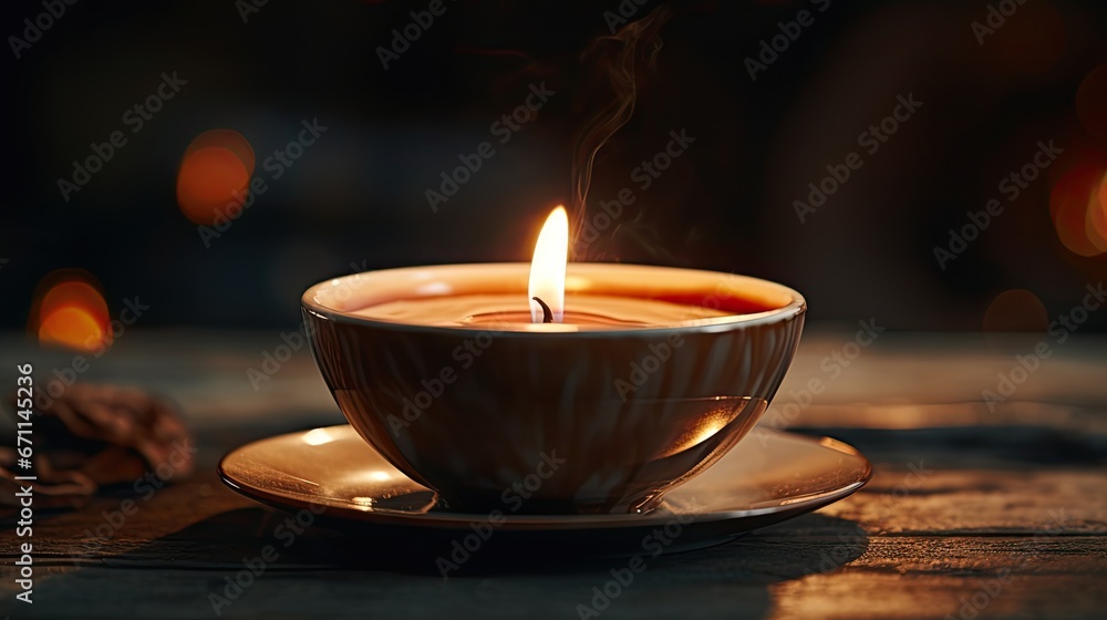Poster a lit candle sitting in a teacup on a saucer with a saucer on a saucer on a table in front of a boke