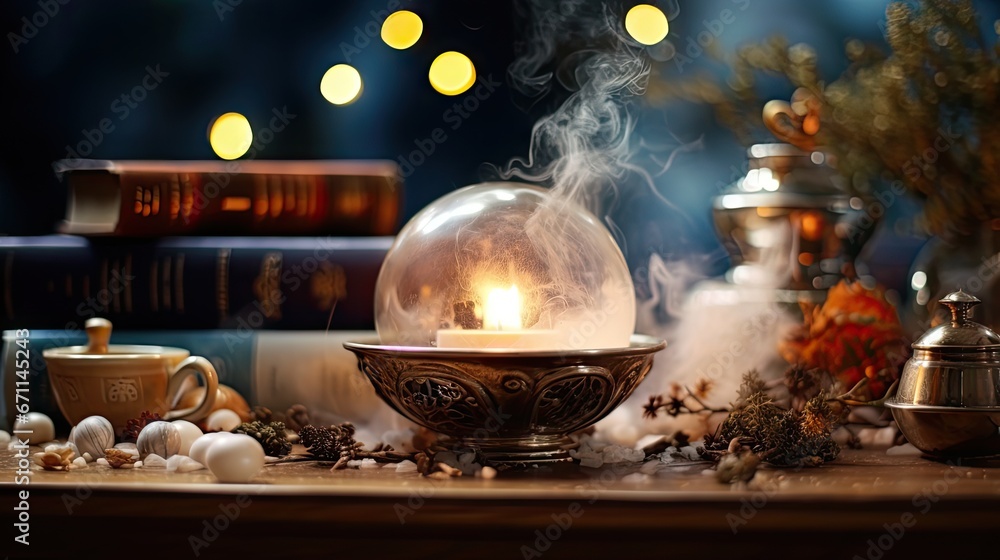 Poster a candle that is sitting in a bowl on a table next to some books and a cup with a liquid inside of i