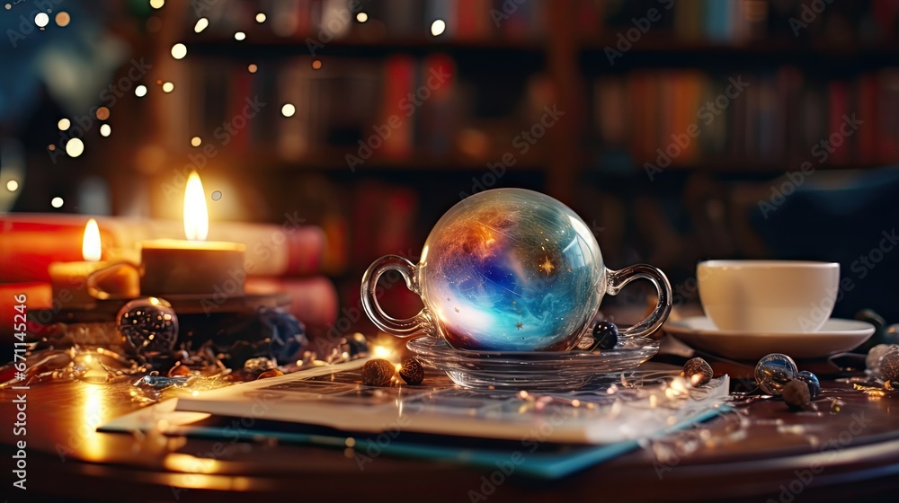 Poster a coffee cup sitting on top of a table in front of a bookshelf filled with books and a glass ball wi