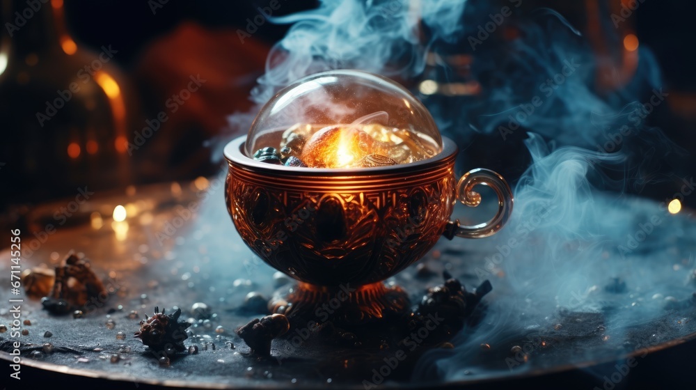 Poster a bowl filled with liquid sitting on top of a table next to a pile of rocks and a pot with a candle 
