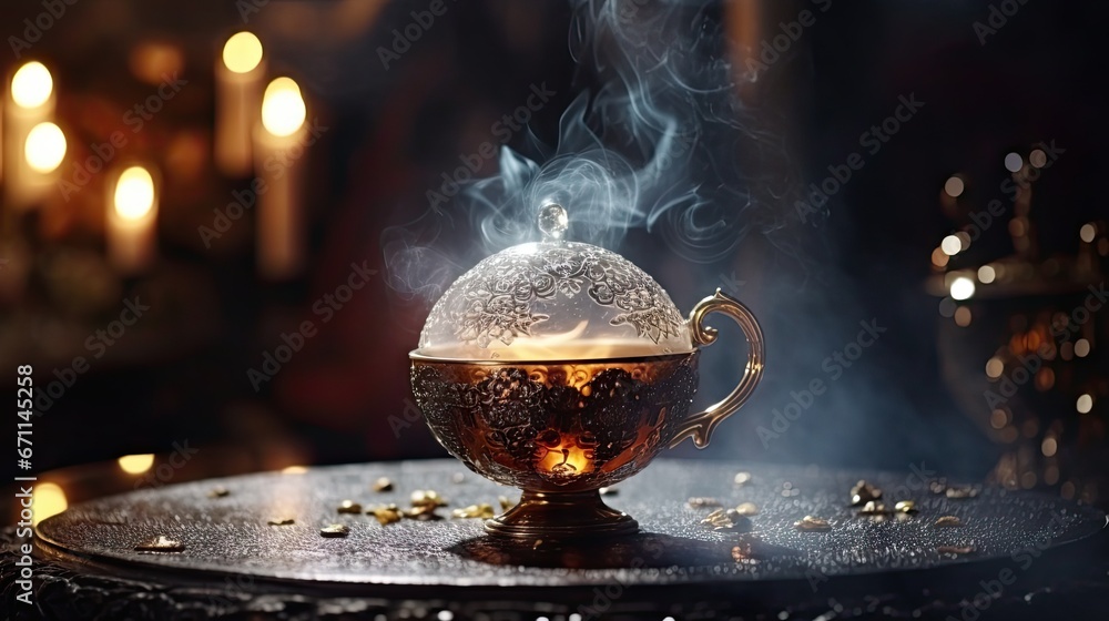 Poster a teapot with steam rising out of it sitting on top of a table with a candle in the middle of it and