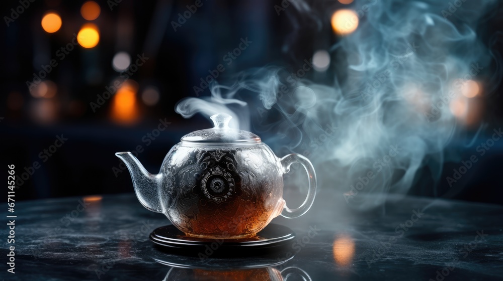 Poster a teapot with steam coming out of it sitting on a table with a lit candle in the background and some