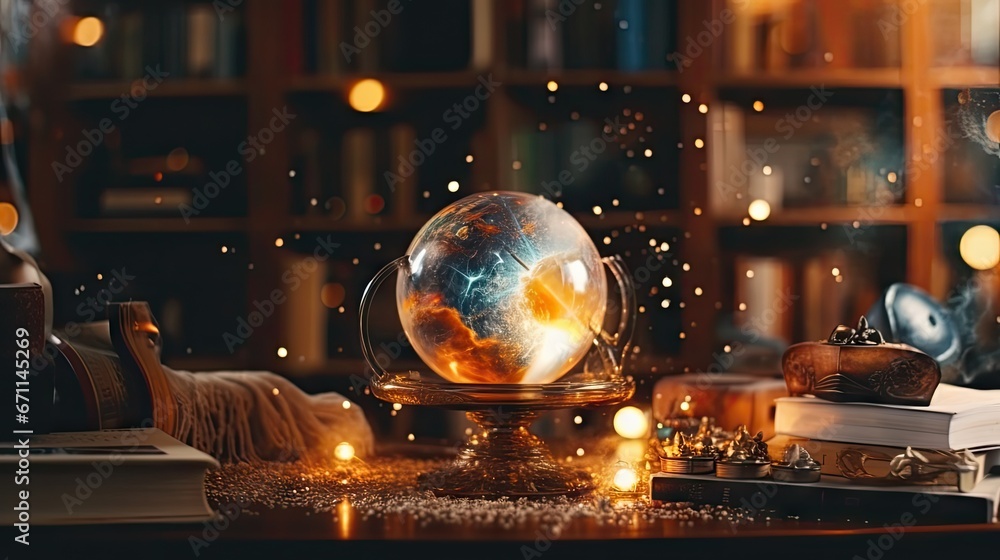 Poster  a glass globe sitting on top of a table in front of a bookshelf filled with lots of books and a lamp on top of a table with a book.  generative ai