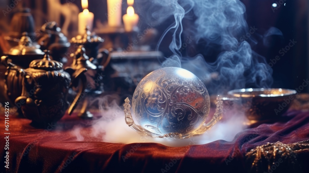 Poster a close up of a bowl on a table with a lot of smoke coming out of it and some teapots on a table wit
