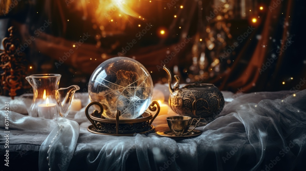 Poster a snow globe sitting on top of a table next to two teapots and a glass cup on top of a cloth covered