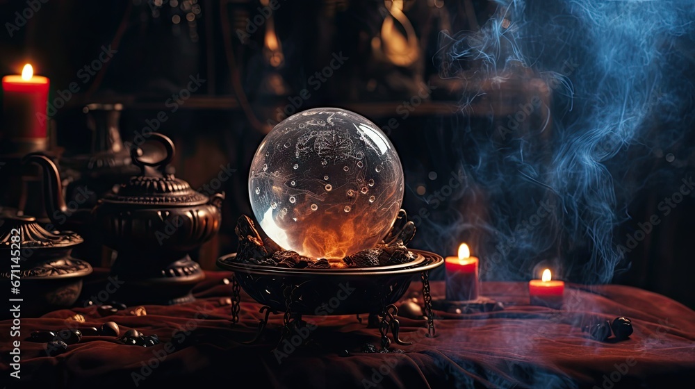 Poster a snow globe sitting on top of a table next to a tea kettle and a lit candle on top of a table with 