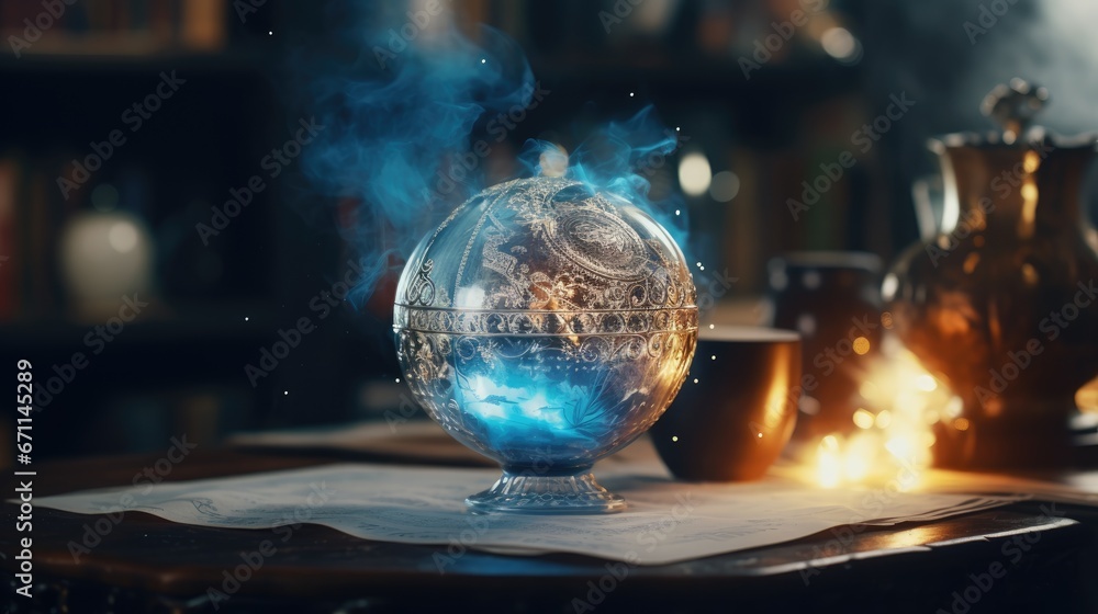 Poster a glass globe sitting on top of a table in front of a bookshelf with a lot of books on top of it and