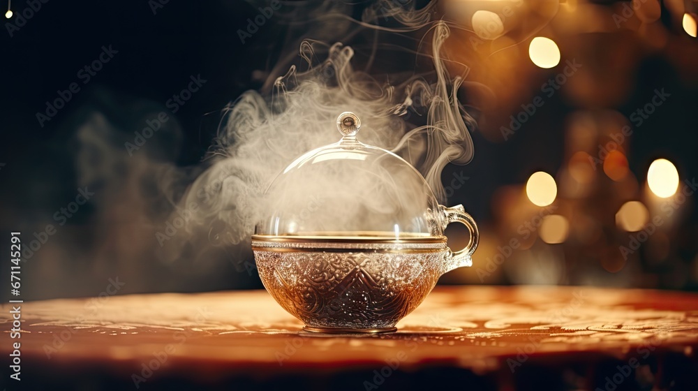 Poster a teapot with steam rising out of it on a table with a blurry background of lights and boke of smoke