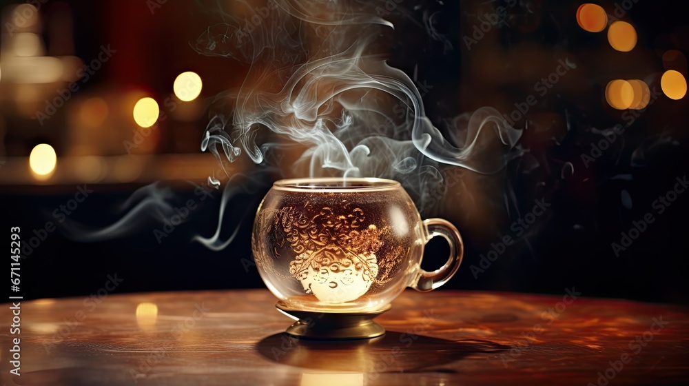 Poster a coffee cup with steam rising out of it on a table in front of a dark background with lights and bo