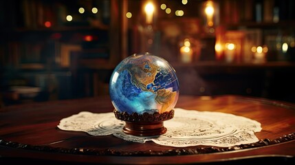  a glass globe sitting on top of a wooden table next to a white doily on a wooden table with a lace doily around it and candles in the background.  generative ai - obrazy, fototapety, plakaty