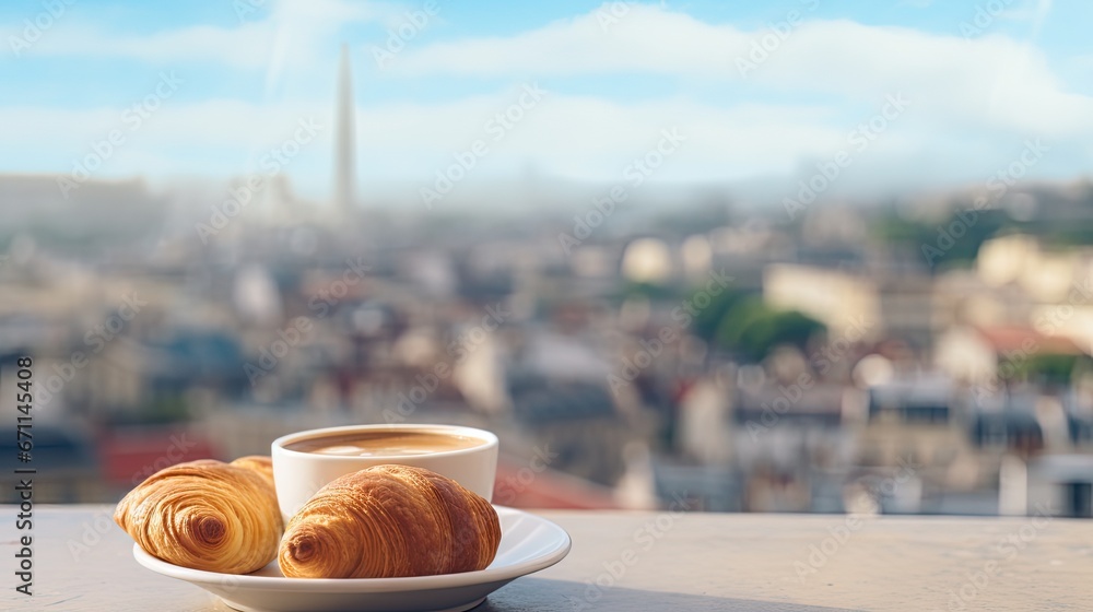 Aufkleber a cup of coffee and two croissants on a saucer on a table with a view of a cityscape in the backgrou