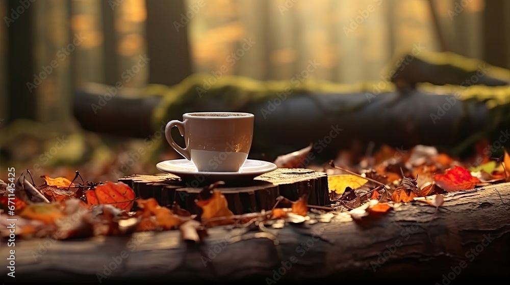 Poster a cup of coffee sitting on top of a wooden table in the middle of a forest with fallen leaves on the