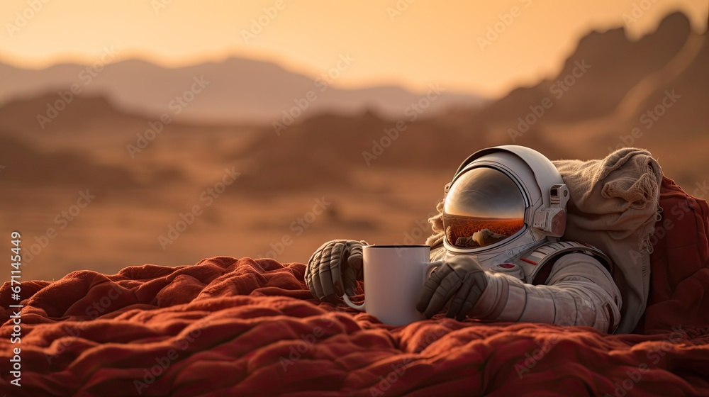 Poster a person in a space suit sitting on a blanket with a cup of coffee in their hand and a mountain rang