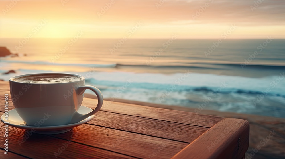 Poster a cup of coffee sitting on top of a wooden table next to the ocean with a view of a beach and a clif