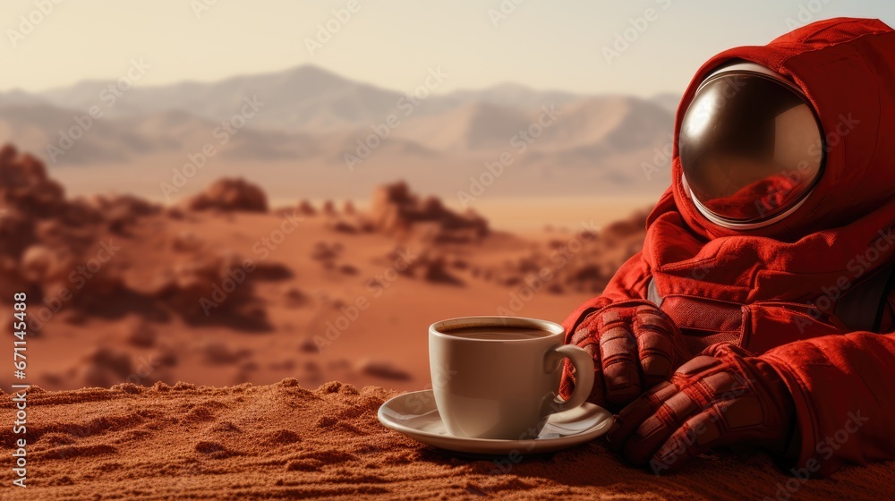 Poster a person in a red space suit sitting at a table with a cup of coffee and a saucer in front of a dese