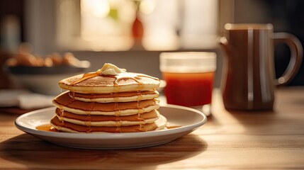  a stack of pancakes sitting on top of a white plate next to a cup of coffee and a glass of orange juice on a wooden table with a wooden table.  generative ai - obrazy, fototapety, plakaty
