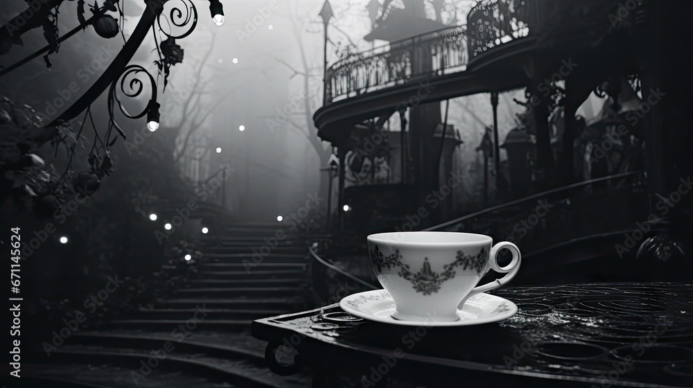 Poster a cup sitting on top of a saucer on top of a saucer on top of a table in front of a set of stairs in
