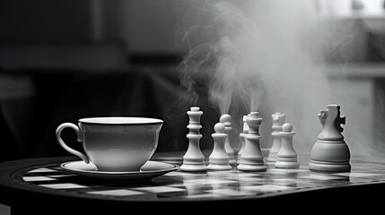  a black and white photo of a table with a cup of tea and a chess board on it, with a saucer underneath The background is slightly blurred, giving the image a dream
