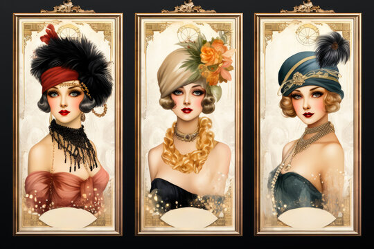 Roaring twenties styled flapper girls for vintage Christmas party posters 