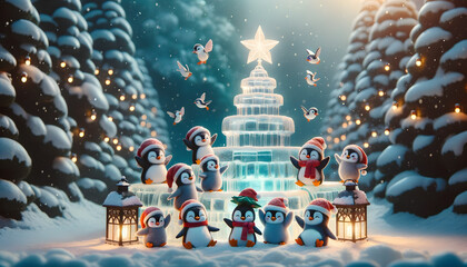 A group of diverse penguins joyfully celebrating Christmas around a grand ice sculpture shaped like a Christmas tree. The sculpture glimmers under the soft glow of nearby lanterns. 4K Wallpaper - obrazy, fototapety, plakaty