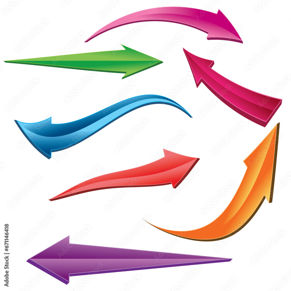 Poster set of 3d shiny arrows. 3d arrow shapes collection. arrow icon set. colored arrow symbols. arrow of 