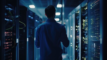 Male worker, tech engineer performing maintenance work in a server room, reparing something or checks the operation of servers.