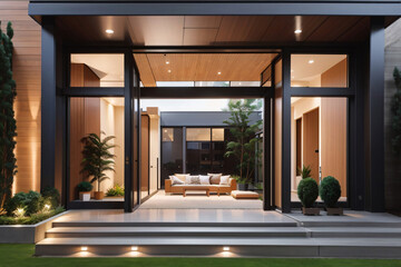 Modern house facade. Main entrance of living building. Door of luxury building with backyard in front Generative AI