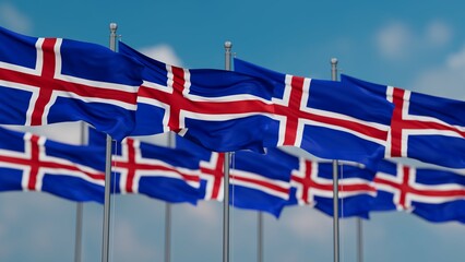 Iceland many flags in row, multiple flags in line
