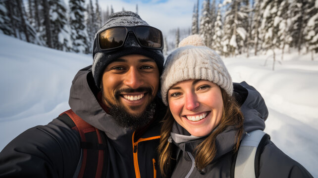 Smiling couple immersed in snowy wilderness during cross-country skiing adventure 