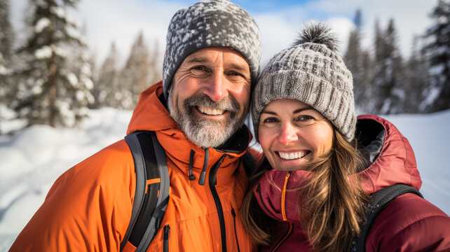 Smiling couple immersed in snowy wilderness during cross-country skiing adventure 