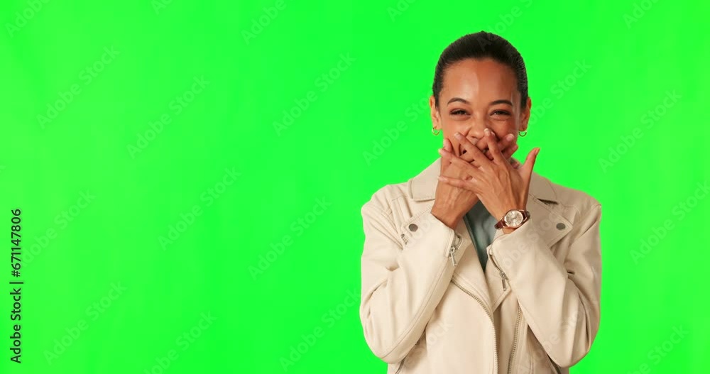 Wall mural woman face, hand pointing and wow for green screen, news or surprise sale on mockup studio backgroun