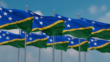 Solomon Islands many flags in row waving together on blue cloudy sky