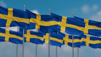 Sweden many flags in row waving together on blue cloudy sky, multiple flags in line