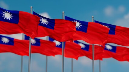 Taiwan many flags in row, multiple flags in line