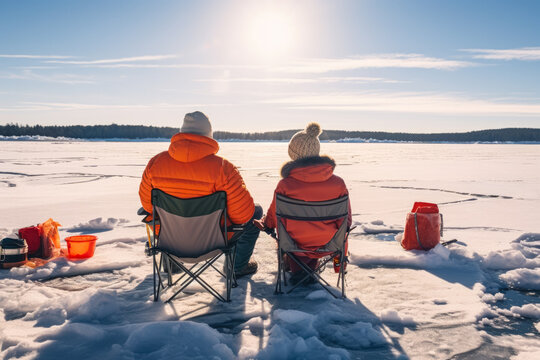 Content couple engaging in serene ice fishing on a frozen lake 