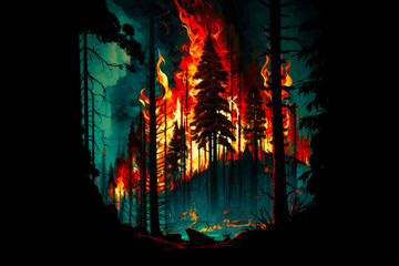 Forest fire. Burning forest, fire season. 