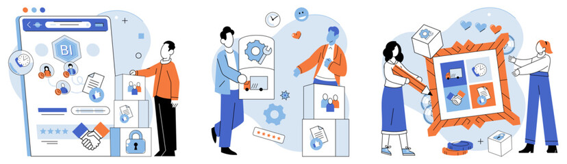 Business services. Vector illustration. The metaphor of business services as well-oiled machine highlights their smooth operation Clear and effective communication is vital in business services