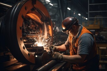 Machine operators skillfully operate steel forming machinery, making cylinder-rolled steel