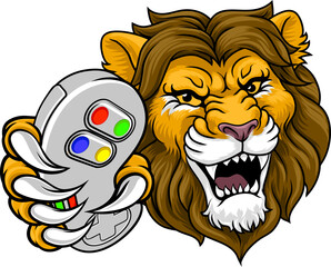 A lion gamer with video game controller sports team animal mascot