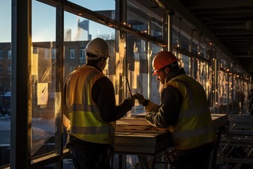 Obraz na płótnie Canvas Males technician measuring window frame at construction