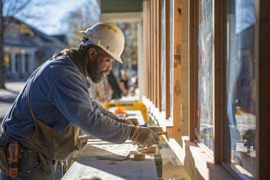 Males technician measuring window frame at construction