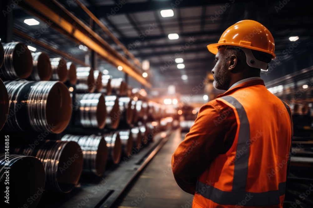 Poster warehouse inventory management in metalwork factory with engineer or inspector conduct storage check